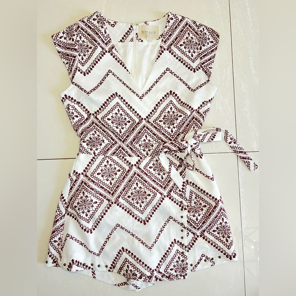 White and Brown Patterned Skort Romper.